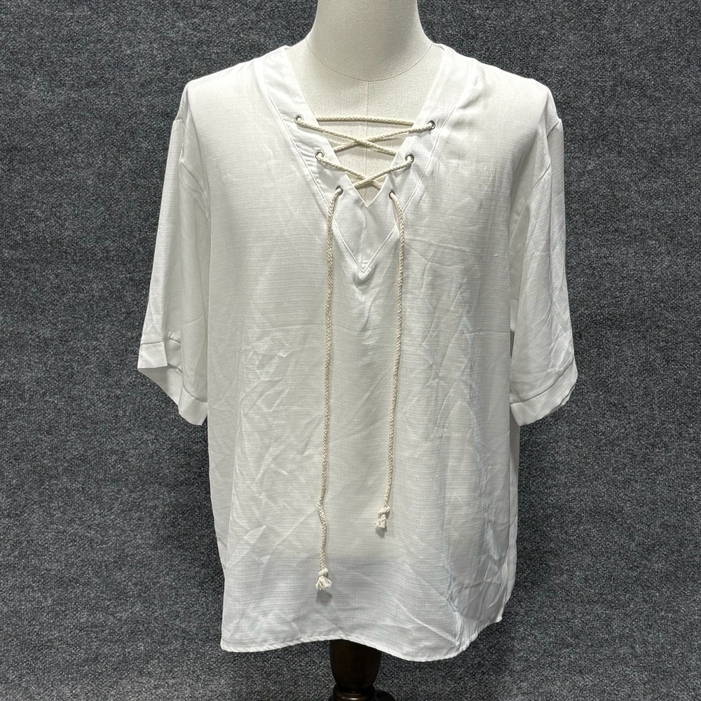 Shirt Mens Large White Lace Up Short Sleeve Casual Summer Beach Boho Top